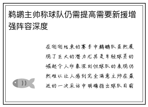 鹈鹕主帅称球队仍需提高需要新援增强阵容深度